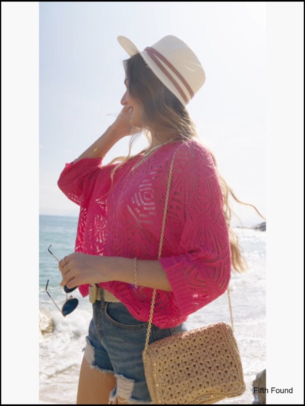 Off Shoulder Crochet Mesh Beach Cover Up Top 3/4 Sleeve Boho Swimwear - Picture 6 of 7